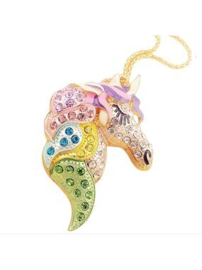Rainbow Crystal Unicorn Pendant Necklace Gold Tone